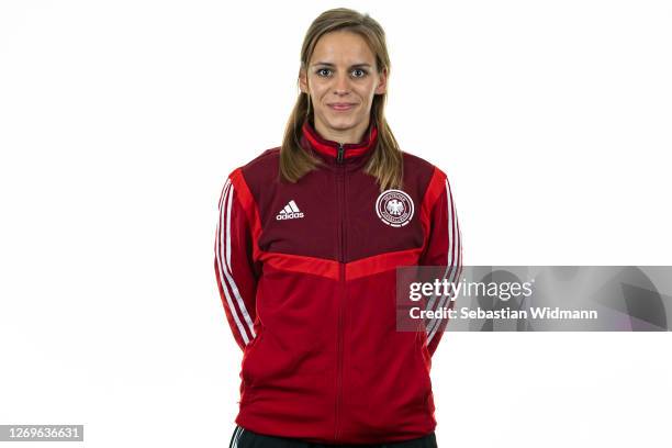 Karolin Wegjan poses during the Germany Beach Soccer National Team presentation on August 29, 2020 in Frankfurt, Germany.