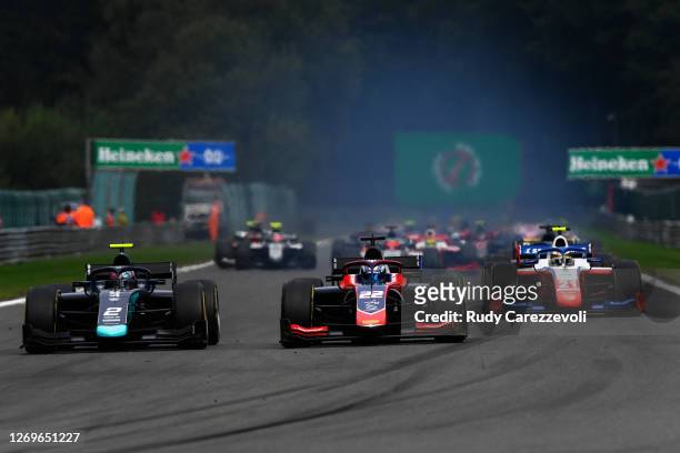Dan Ticktum of Great Britain and DAMS , Roy Nissany of Israel and Trident and Robert Shwartzman of Russia and Prema Racing battle for position at the...