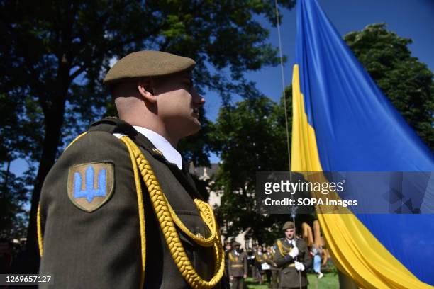 The ceremony of raising the national flag during the celebration of the Constitution Day of Ukraine. Ukraine celebrated the 27th anniversary of the...
