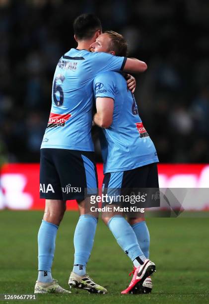 Rhyan Grant of Sydney FC celebrates with Ryan Mcgowan after scoring a goal during the 2020 A-League Grand Final match between Sydney FC and Melbourne...