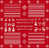Knitted font and elements. Christmas seamless texture. Vector illustration. Knit sweater print.