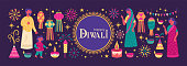 Diwali Hindu festival greeting card design with cute people, candles and lantern. Childish print for card, stickers and party invitations. Vector illustration