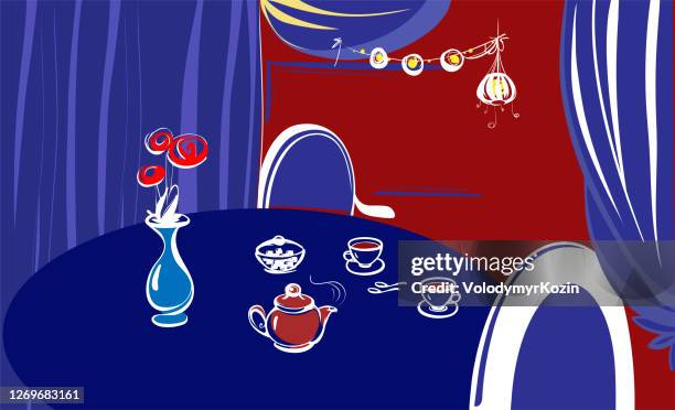 served in vintage style table for two in the restaurant - cafe interior stock illustrations