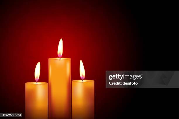 ilustrações de stock, clip art, desenhos animados e ícones de vector illustration of three lit candles with wick burning and giving yellow flame over maroon background - queimadas