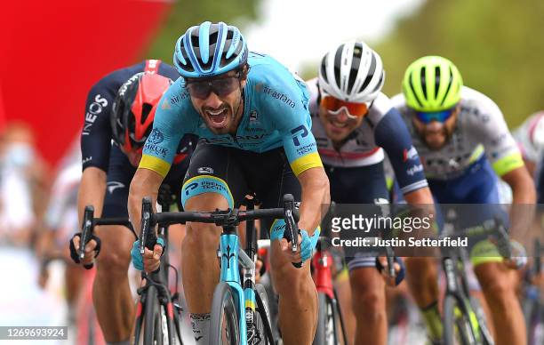 Arrival / Sprint / Ethan Hayter of United Kingdom and Team INEOS Grenadiers / Fabio Felline of Italy and Astana Pro Team / Jacopo Mosca of Italy and...