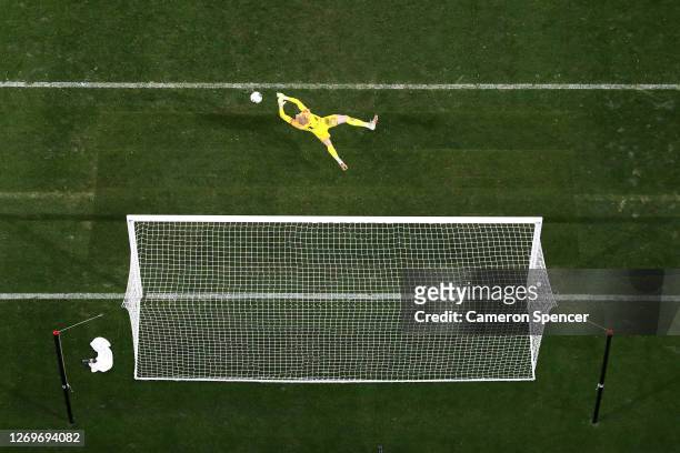 Tom Glover of Melbourne City stops a shot at goal during the 2020 A-League Grand Final match between Sydney FC and Melbourne City at Bankwest Stadium...