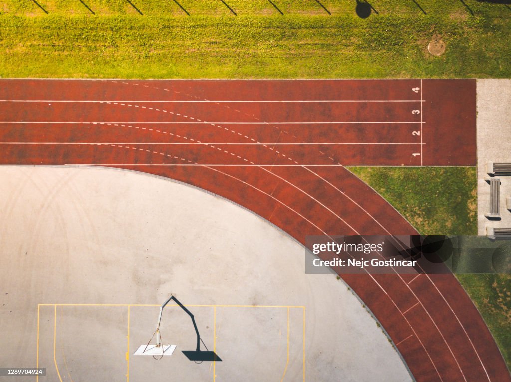 Top view of a numbered running tracks at sports athletic stadium