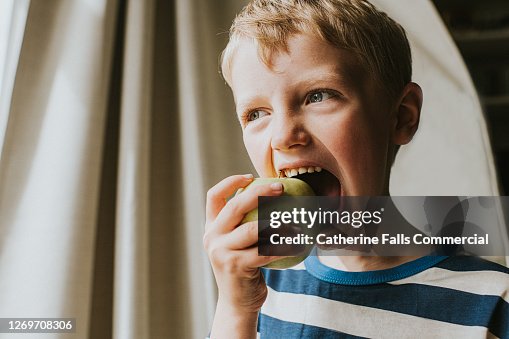 Cute Boy taking a huge bite of a Green Apple Cute Boy taking a huge bite of a Green Apple