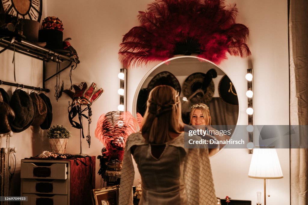 Beautiful theatre actress backstage