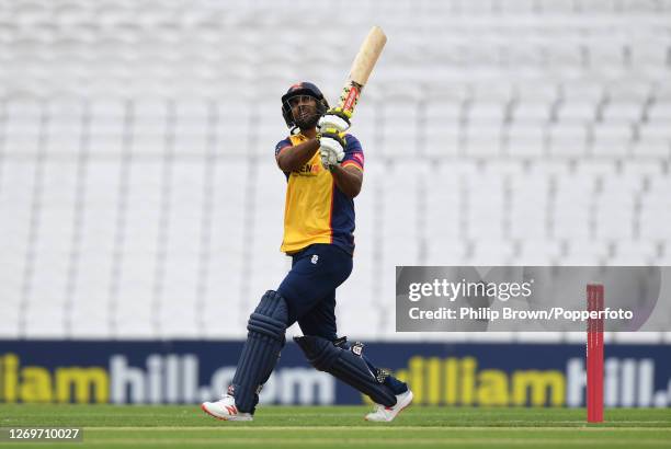 Varun Chopra of Essex Eagles hits a six during the Vitality T20 Blast match against Surrey at The Kia Oval on August 30, 2020 in London, England.