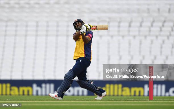 Varun Chopra of Essex Eagles hits a six during the Vitality T20 Blast match against Surrey at The Kia Oval on August 30, 2020 in London, England.