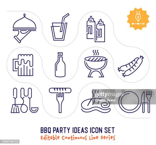 bbq party ideas editable continuous line icon pack - pepper steak stock illustrations