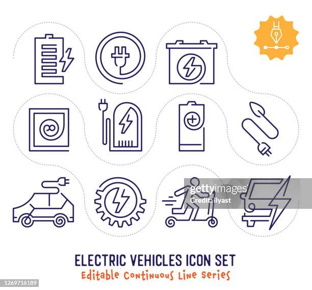 elektrofahrzeuge editable continuous line icon pack - battery icon stock-grafiken, -clipart, -cartoons und -symbole