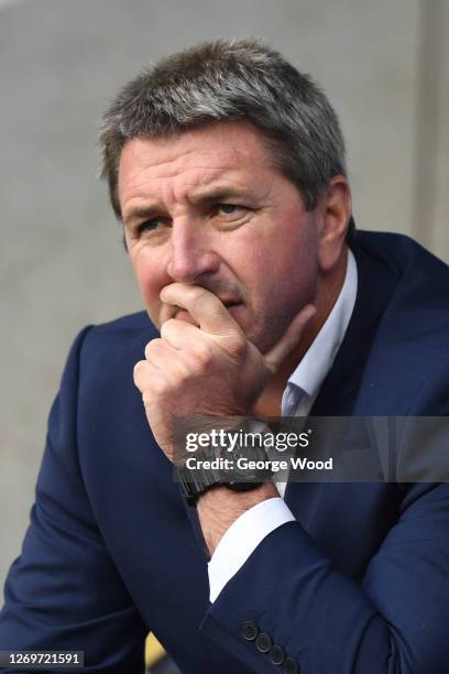 Steve Price, head coach of Warrington Wolves looks on ahead of the Betfred Super League match between Huddersfield Giants and Hull FC at The...