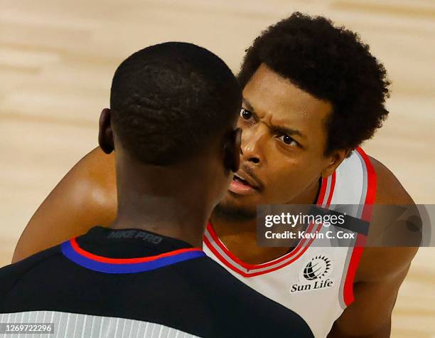 Kyle Lowry of the Toronto Raptors argues with referee James Williams during the second quarter in Game One of the Eastern Conference Second Round...
