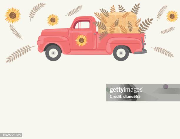 fall harvest pickup truck - pumpkin picking stock illustrations