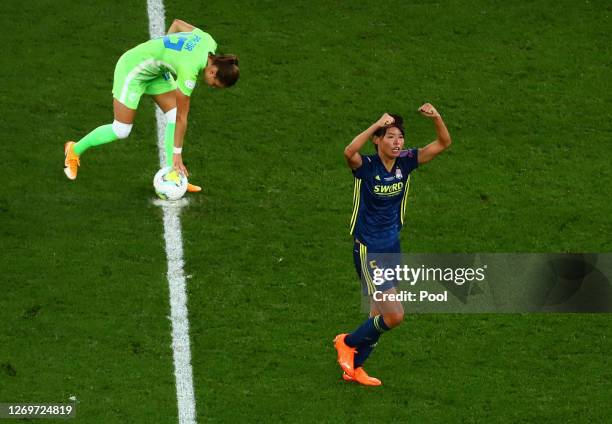 Saki Kumagai of Olympique Lyon celebrates after scoring her team's second goal during the UEFA Women's Champions League Final between VfL Wolfsburg...