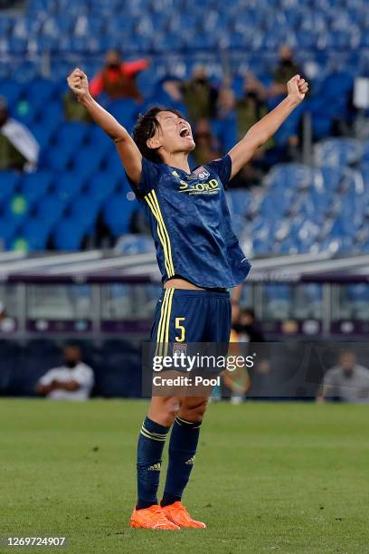 Saki Kumagai of Olympique Lyon celebrates after scoring her team's second goal during the UEFA Women's Champions League Final between VfL Wolfsburg...