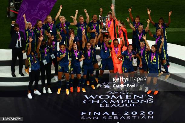 Wendie Renard, captain of Olympique Lyon lifts the UEFA Women's Champions League Trophy following her team's victory in the UEFA Women's Champions...