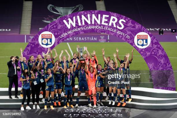 Wendie Renard, captain of Olympique Lyon lifts the UEFA Women's Champions League Trophy following her team's victory in the UEFA Women's Champions...