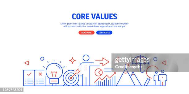 core values related web banner line style. modern linear design vector illustration for web banner, website header etc. - vision statement stock illustrations