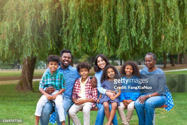 portrait of multi generation multicultural mixed race family sitting on bench at public park - black family reunion stock pictures, royalty-free photos & images