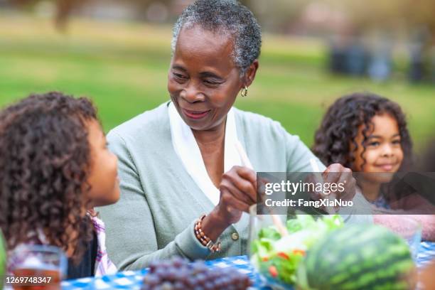 grandmother with two granddaughters at picnic in park - picnic table park stock pictures, royalty-free photos & images
