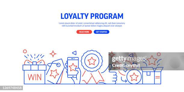 stockillustraties, clipart, cartoons en iconen met loyaliteitsprogramma gerelateerde webbannerlijnstijl. moderne lineaire design vector illustratie voor web banner, website header etc. - customer loyalty