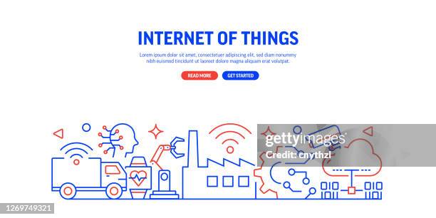internet of things related web banner line style. modern linear design vector illustration for web banner, website header etc. - autonomous systems stock illustrations