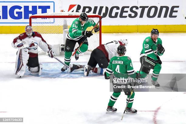Radek Faksa of the Dallas Stars scores a goal past Pavel Francouz of the Colorado Avalanche during the first period in Game Four of the Western...
