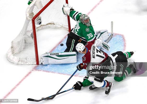 Valeri Nichushkin of the Colorado Avalanche scores a goal past Anton Khudobin of the Dallas Stars during the second period in Game Four of the...