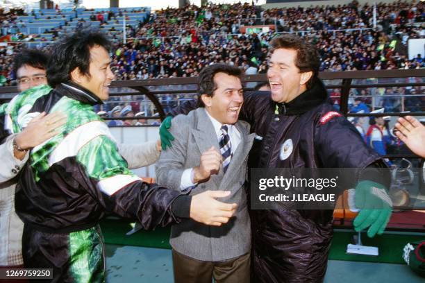 Head coach Nelsinho of Verdy Kawasaki celebrates his side's victory in the Xerox Super Cup match between Bellmare Hiratsuka and Verdy Kawasaki at the...