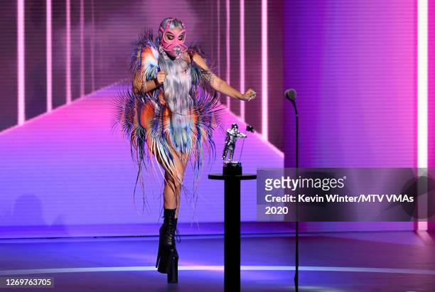 Lady Gaga accepts the Best Collaboration award for "Rain on Me" with Ariana Grande onstage during the 2020 MTV Video Music Awards, broadcast on...
