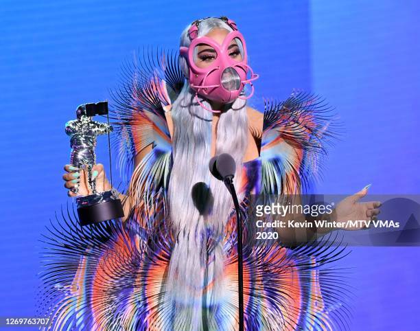 Lady Gaga accepts the Best Collaboration award for "Rain on Me" with Ariana Grande onstage during the 2020 MTV Video Music Awards, broadcast on...
