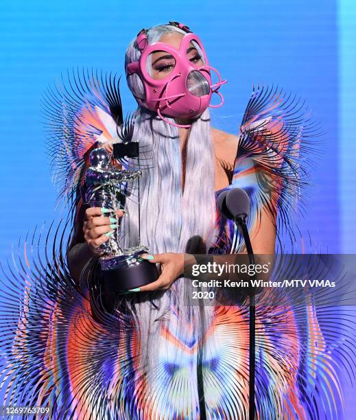 Lady Gaga accepts the Best Collaboration award for "Rain on Me" with Ariana Grande onstage during the 2020 MTV Video Music Awards, broadcast on...