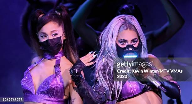 Ariana Grande and Lady Gaga perform during the 2020 MTV Video Music Awards, broadcast on Sunday, August 30th 2020.