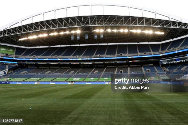 General view of CenturyLink Field before a game between the Seattle Sounders and Los Angeles FC on August 30, 2020 in Seattle, Washington. Fans are...