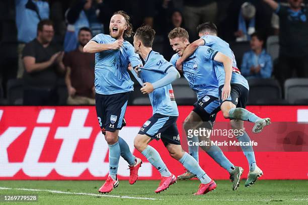 Ryhan Grant of Sydney FC celebrates scoring a goal during the 2020 A-League Grand Final match between Sydney FC and Melbourne City at Bankwest...