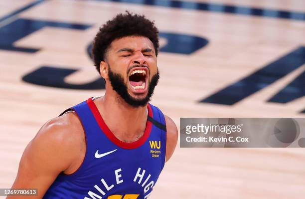 Jamal Murray of the Denver Nuggets reacts as time expires and the Nuggets win against the Utah Jazz in Game Six of the Western Conference First Round...