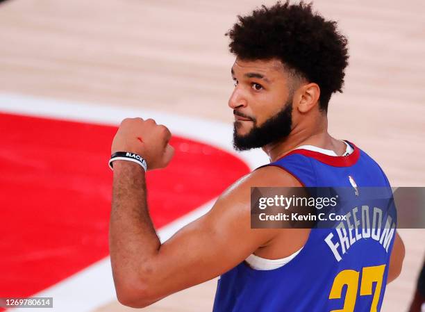 Jamal Murray of the Denver Nuggets reacts as time expires and the Nuggets win against the Utah Jazz in Game Six of the Western Conference First Round...