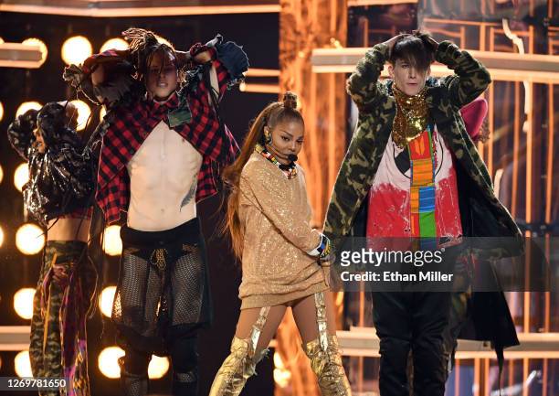 Recording artist Janet Jackson performs with dancers during the 2018 Billboard Music Awards at MGM Grand Garden Arena on May 20, 2018 in Las Vegas,...