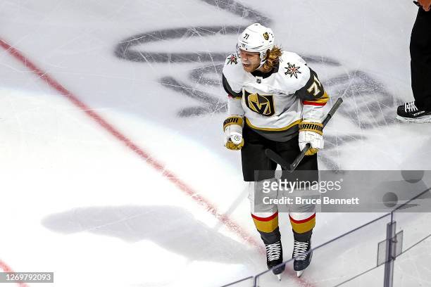 William Karlsson of the Vegas Golden Knights celebrates after scoring a goal against the Vancouver Canucks during the third period in Game Four of...