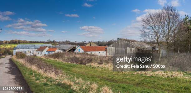 trees and houses on field against sky - sanu stock pictures, royalty-free photos & images