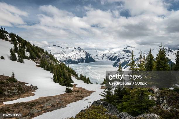 scenic view of snow-capped mountains against sky, whistler, canada - whistler winter stockfoto's en -beelden