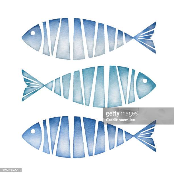 aquarell blaue fische - meeresfisch stock-grafiken, -clipart, -cartoons und -symbole