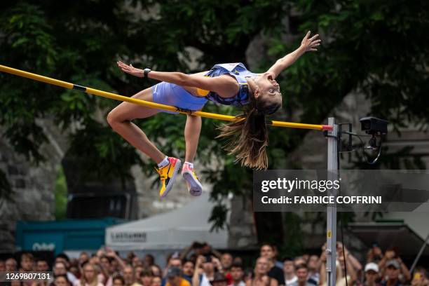 Ukraine's Yaroslava Mahuchikh competes in the Women's High Jump city event during the IAAF Diamond League "Athletissima" athletics meeting in...