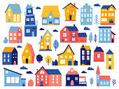 Doodle cottages. Cute tiny town houses, minimal suburban houses, residential town buildings isolated vector illustration icons set