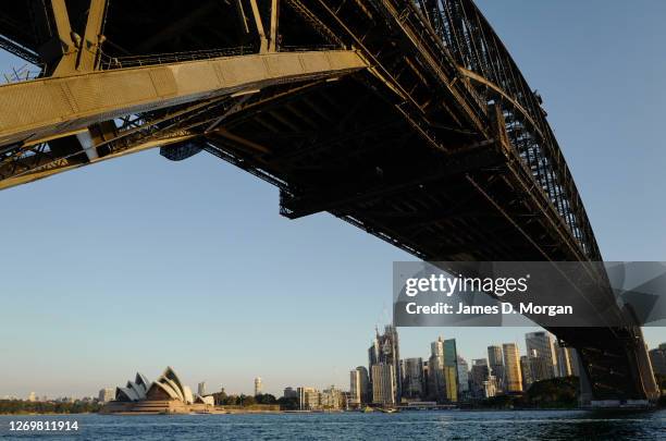 The Harbour Bridge and Opera house in the background at sunset in the suburb of Kirribilli on August 29, 2020 in Sydney, Australia. Warm winter...