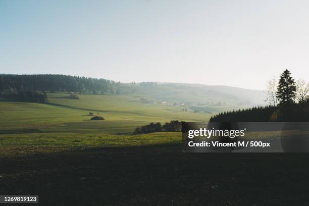 scenic view of field against clear sky, gilley, france - campagne photos et images de collection