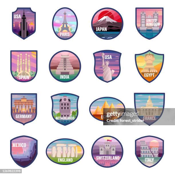 travel and tourism icons. set contains symbol as famous place, historical buildings, towers, mountain, illustration - wilderness badge stock illustrations